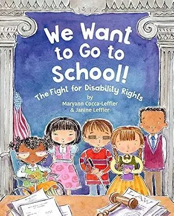 Illustrated book cover showing children with different disabilities gathered outside a school.
