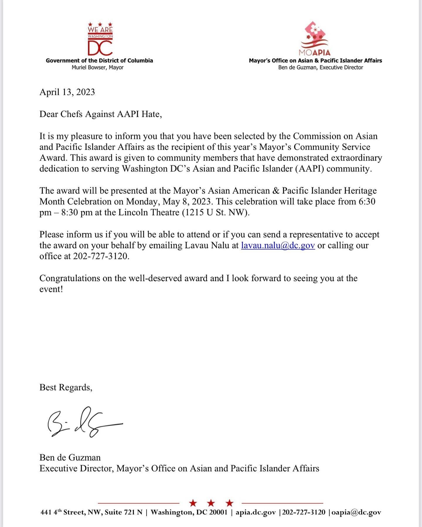 Honored to receive the Mayor&rsquo;s Community Service Award from Washington DC @mayor_bowser and @bdeguzman94 Director of @dcmoapia, the Mayor&rsquo;s office of AAPI Affairs. 

Please join us at the Mayor&rsquo;s AAPI Celebration TONIGHT at the @the