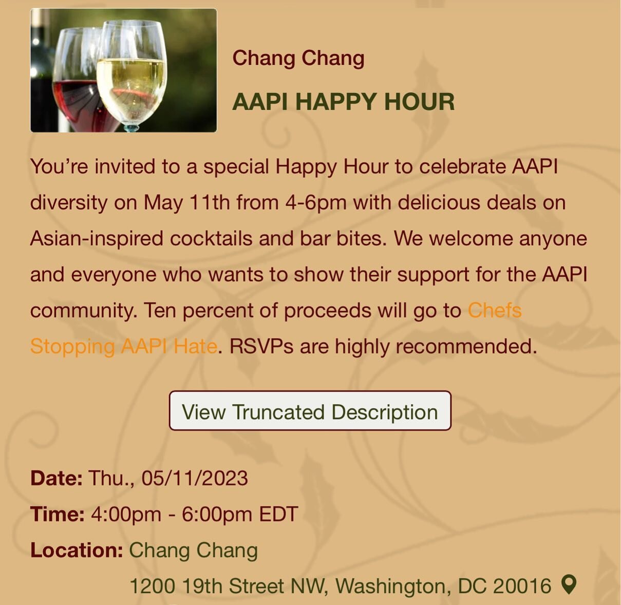 JOIN IS! Tomorrow May 11 from 4-6 pm! Please join us tomorrow at @changchangdc for their AAPI happy hour supporting @chefsstoppingaapihate! Delicious bites and cocktails with a portion of proceeds going to Chefs Stopping AAPI Hate.

@cheftimma @chefk