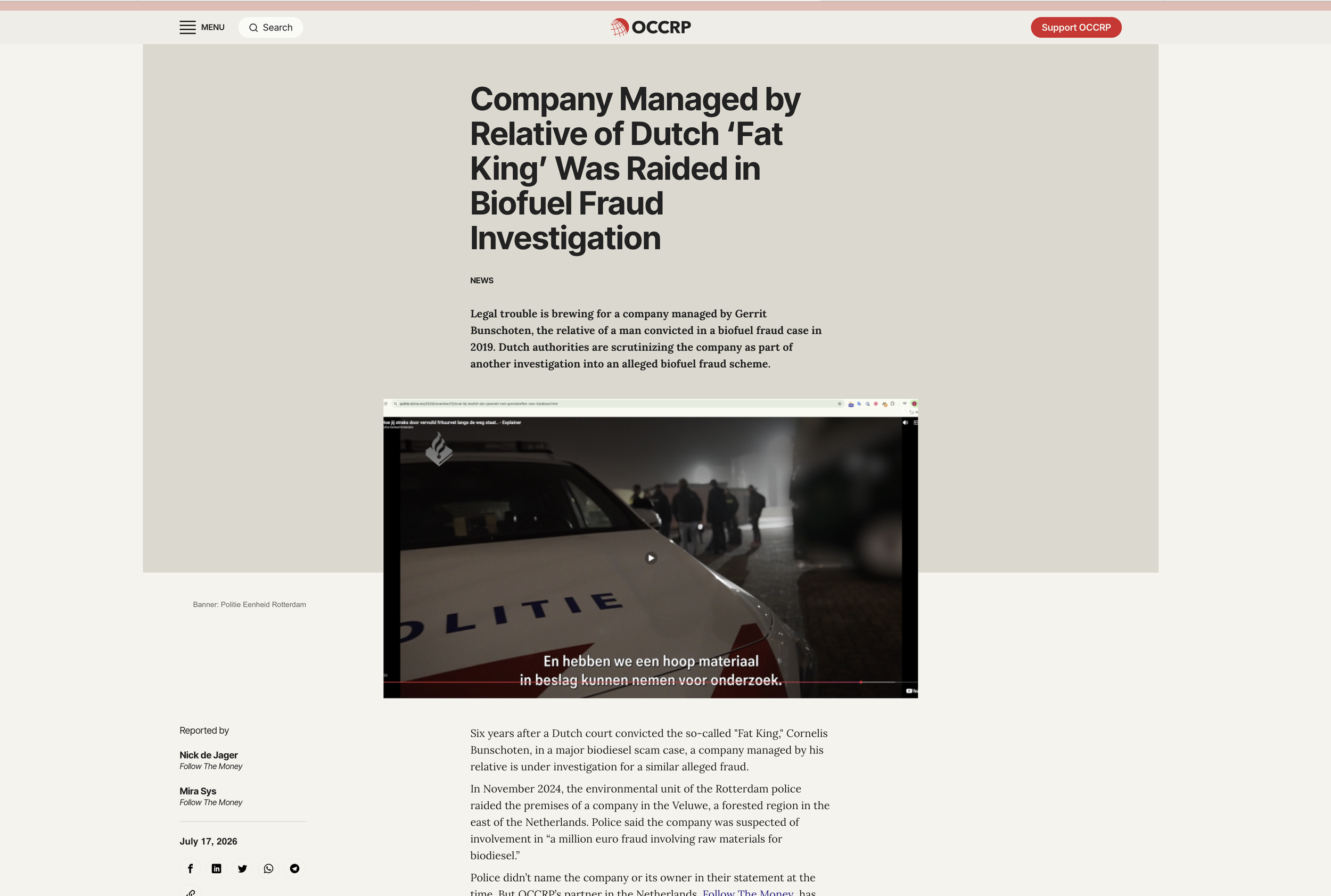 NEWS Legal trouble is brewing for a company managed by Gerrit Bunschoten, the relative of a man convicted in a biofuel fraud case in 2019. Dutch authorities are scrutinizing the company as part of another investigation into an alleged biofuel fraud s