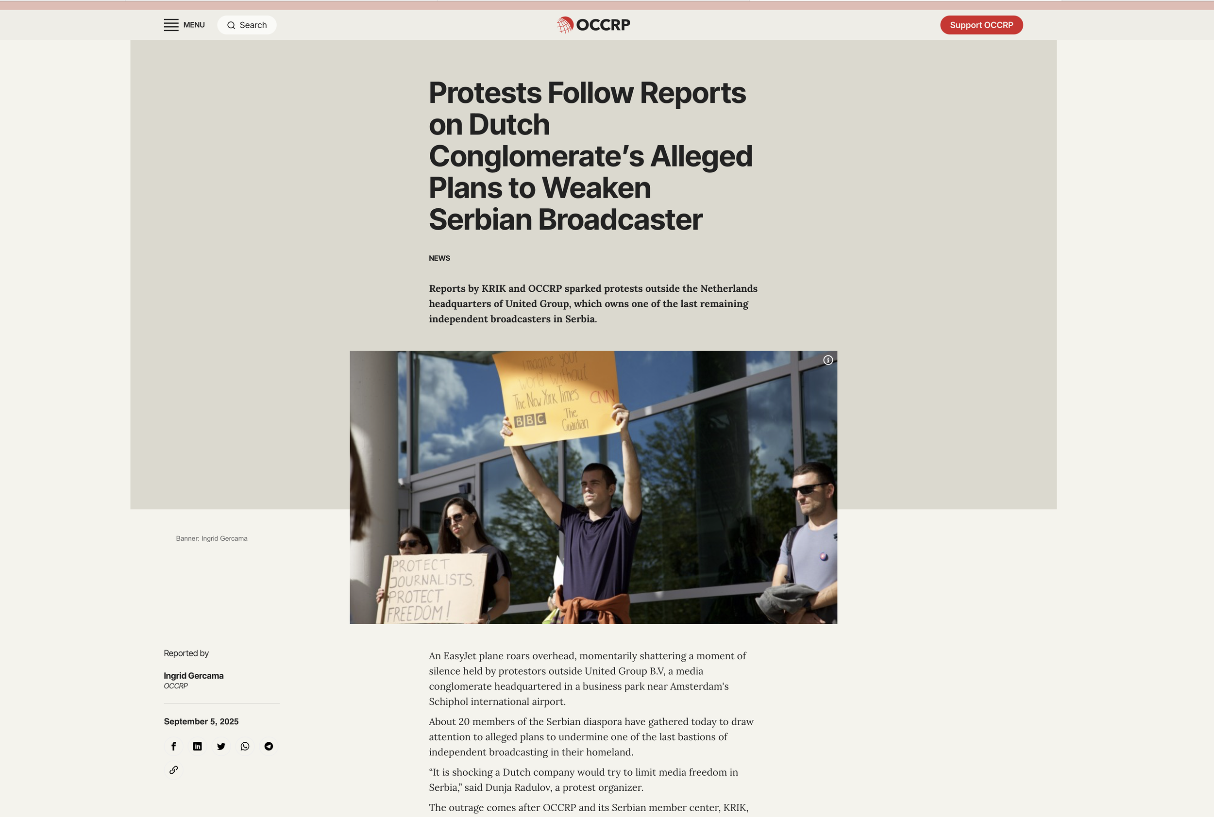 NEWS Reports by KRIK and OCCRP sparked protests outside the Netherlands headquarters of United Group, which owns one of the last remaining independent broadcasters in Serbia. Reporting for OCCRP. 