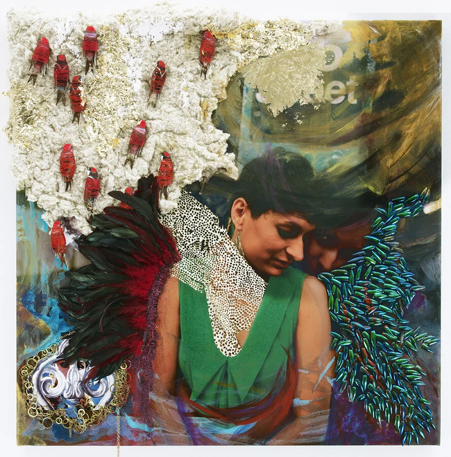 Haunted Documents: Thanu and Rage | 2012 | 24 x 24 inches | mixed media including beetle wings, feathers, brass chains in collaboration with Christopher Myers