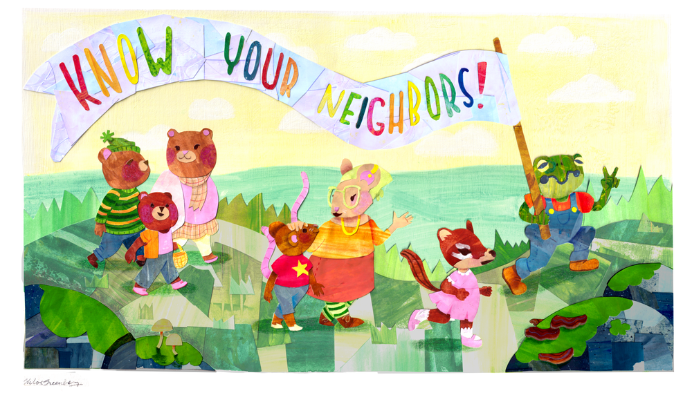 A painterly collage made by Chloe Greenberg that displays animals marching with a banner that says know your neighbors