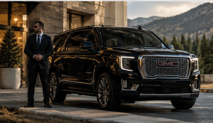 Man in a black suit standing beside a black GMC Yukon Denali SUV outside a luxury mountain lodge