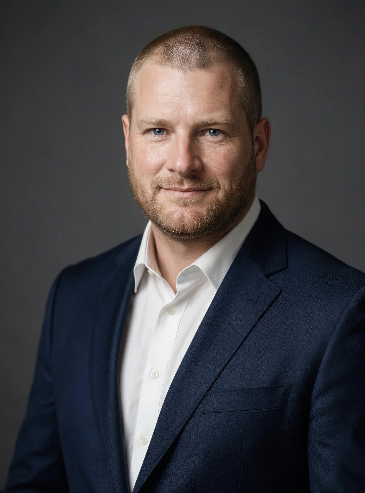 Professional headshot of a smiling bearded man in a navy suit and white dress shirt against a dark gray background