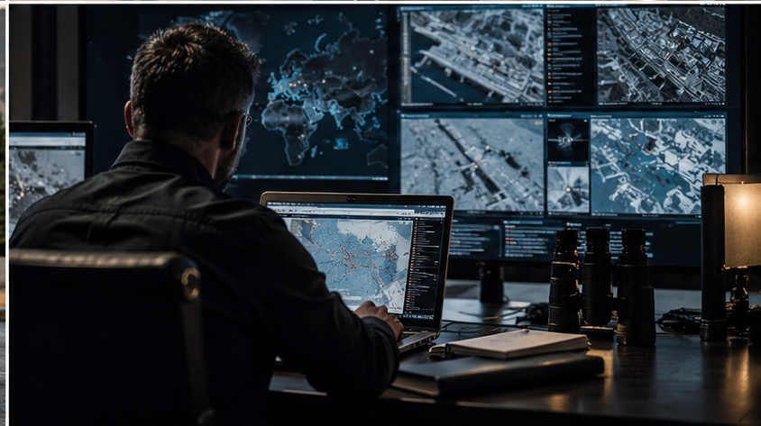 Man monitoring digital maps and satellite imagery across multiple computer screens in a dark operations center
