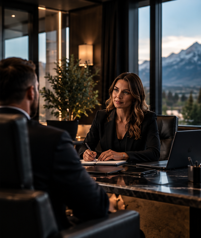 Businesswoman taking notes during a meeting with a man in a modern office overlooking mountain scenery