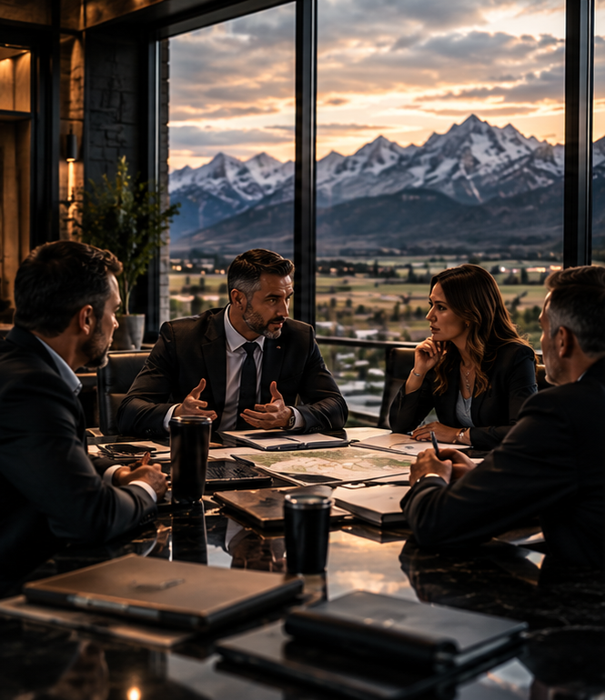 Business team discussing plans around a conference table with snow-capped mountains visible through the windows