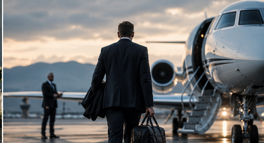 Business traveler carrying luggage walks toward a private jet on an airport runway at sunset