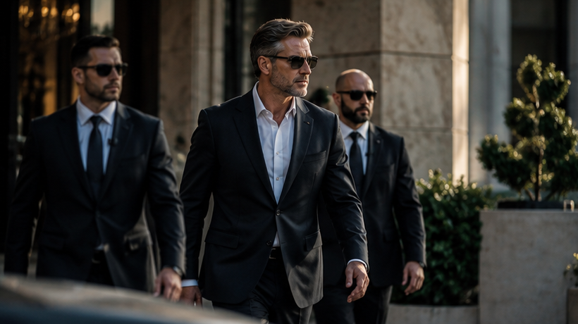 Three men in black suits and sunglasses walking outside a building, with the central man leading.