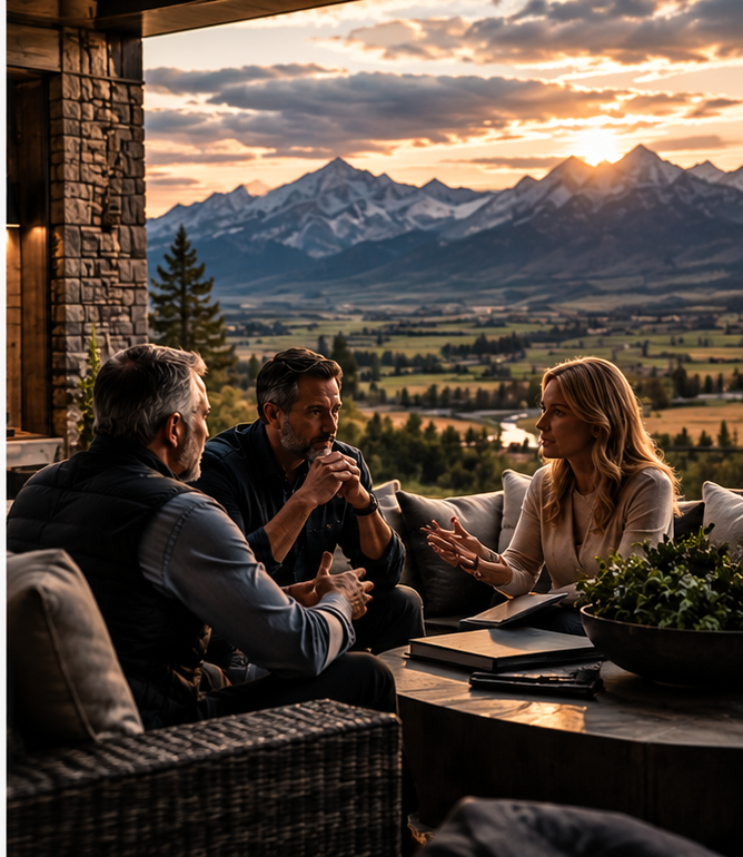Three people having a conversation on a mountain-view patio at sunset