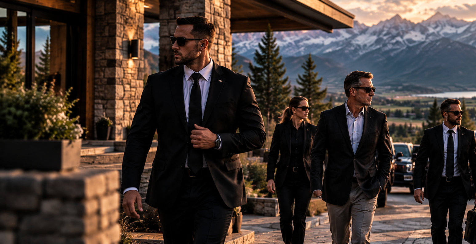 Business security team in suits walking outside a luxury mountain lodge with snow-capped mountains in the background