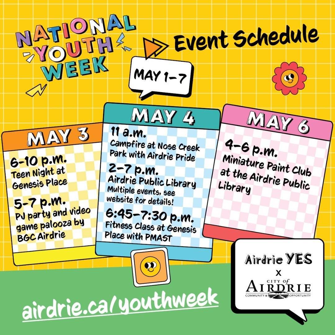 We hope you can join the fun; check out these fun events happening for youths in Airdrie!
.
#NationalYouthWeek #AirdrieYouth #Airdrie