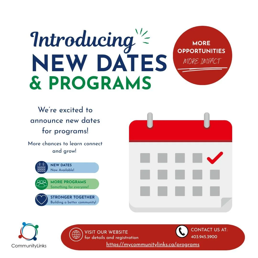 ✨ New Program Dates Added! ✨

 We've added new dates to some of our programs! Register today and secure your spot.

📅 New dates available now
📞 Contact us for details @ 403.945.3900
🔗 Register today https://mycommunitylinks.ca/programs

#Community