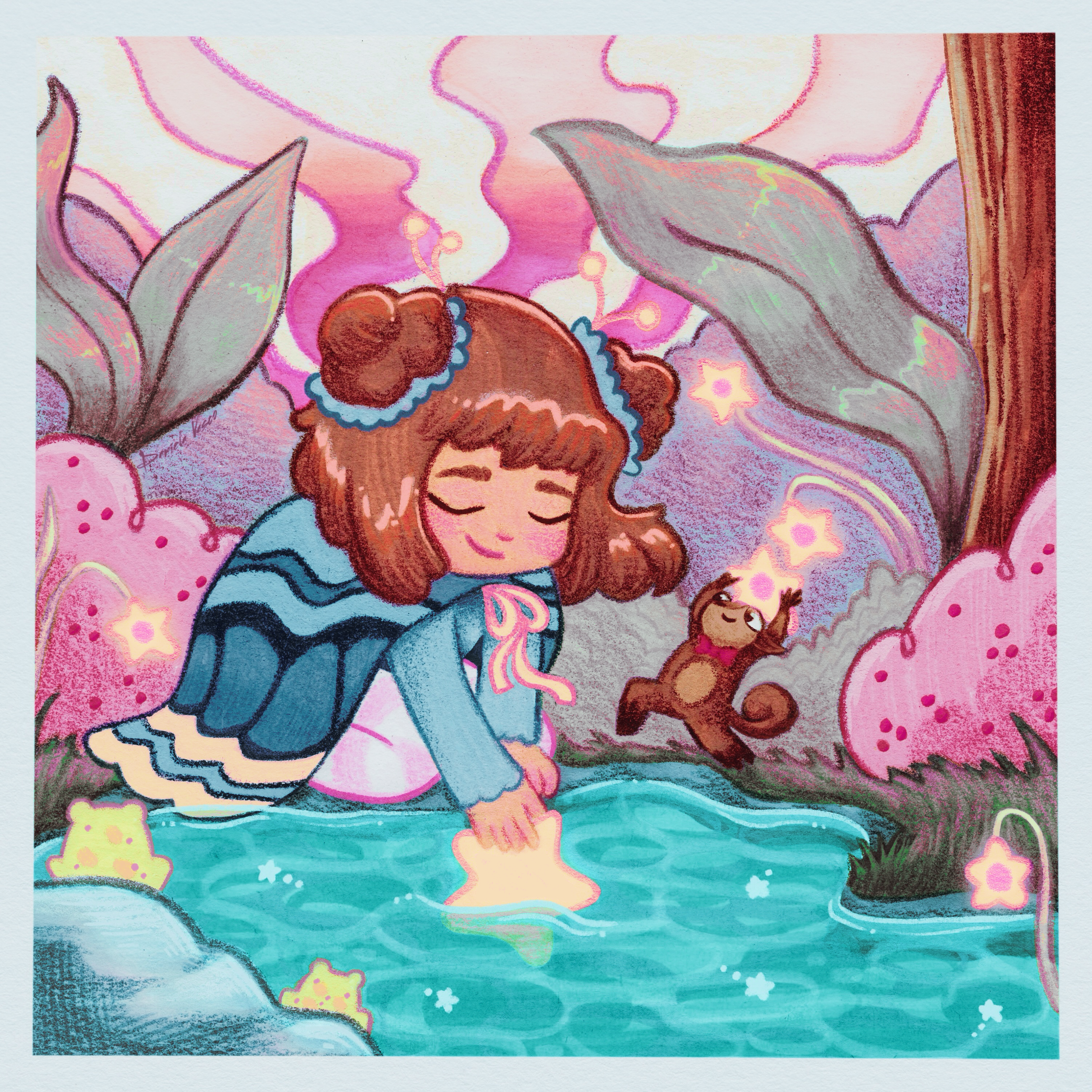 Lake of Dreams- A little girl in a butterfly costume is placing a star in a lake and making a wish. Her squirrel friend is rushing over with a star flower to do the same. Made with acrylic markers, color pencils, and digital finishing touches.