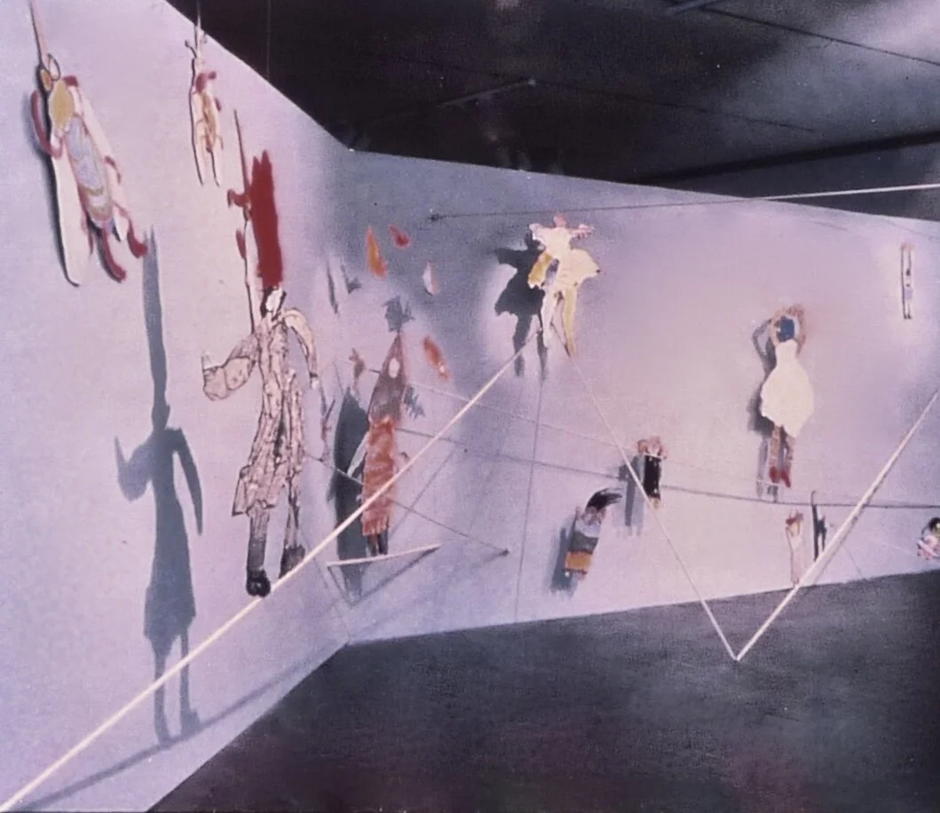 Seven Artists, 1981, Newberger Museum, Purchase, New York, mixed media cut-out figures attached to tightropes
