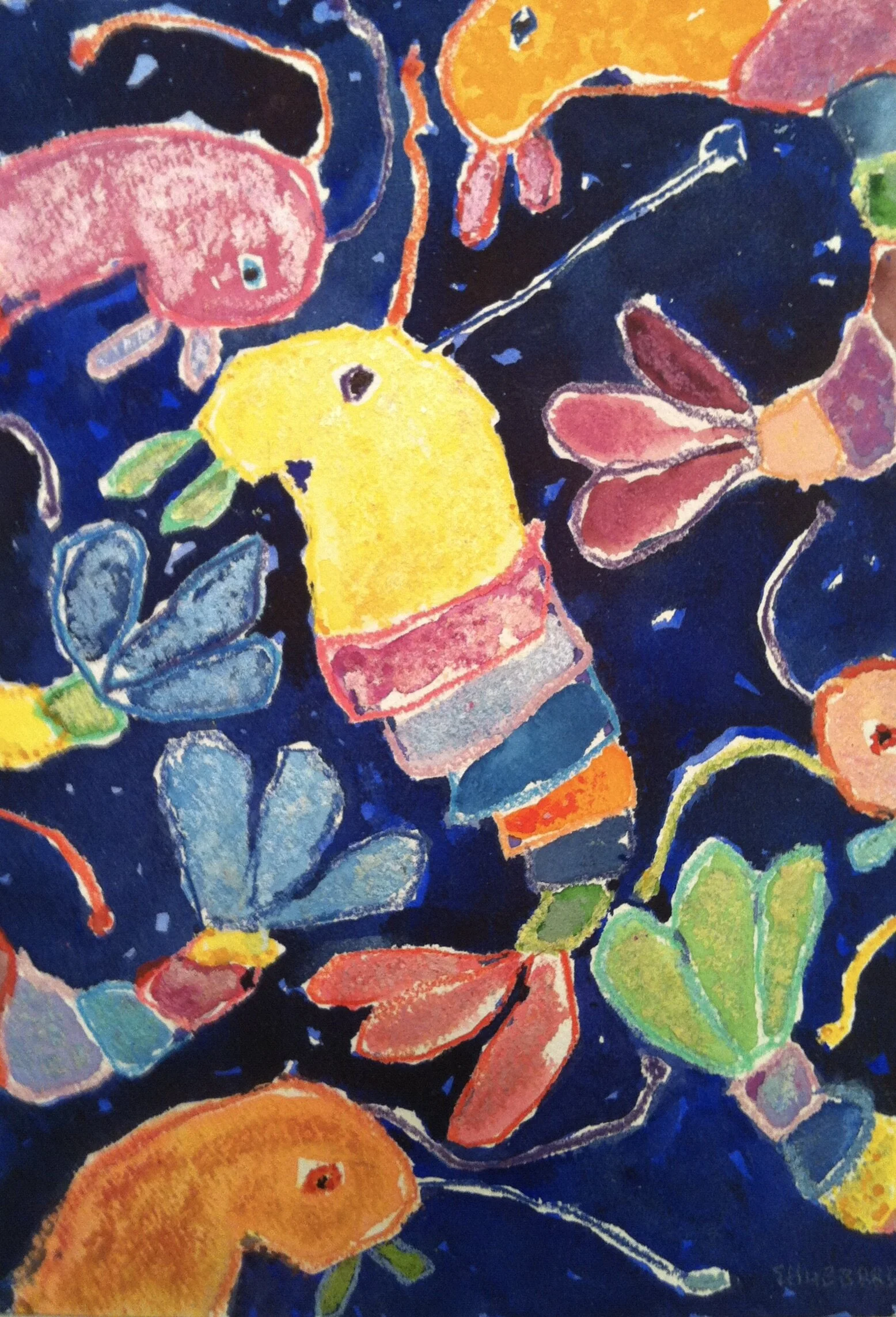 Training Shrimp, 1999, gouache and colored pencil on Arches paper, 11” x 7”