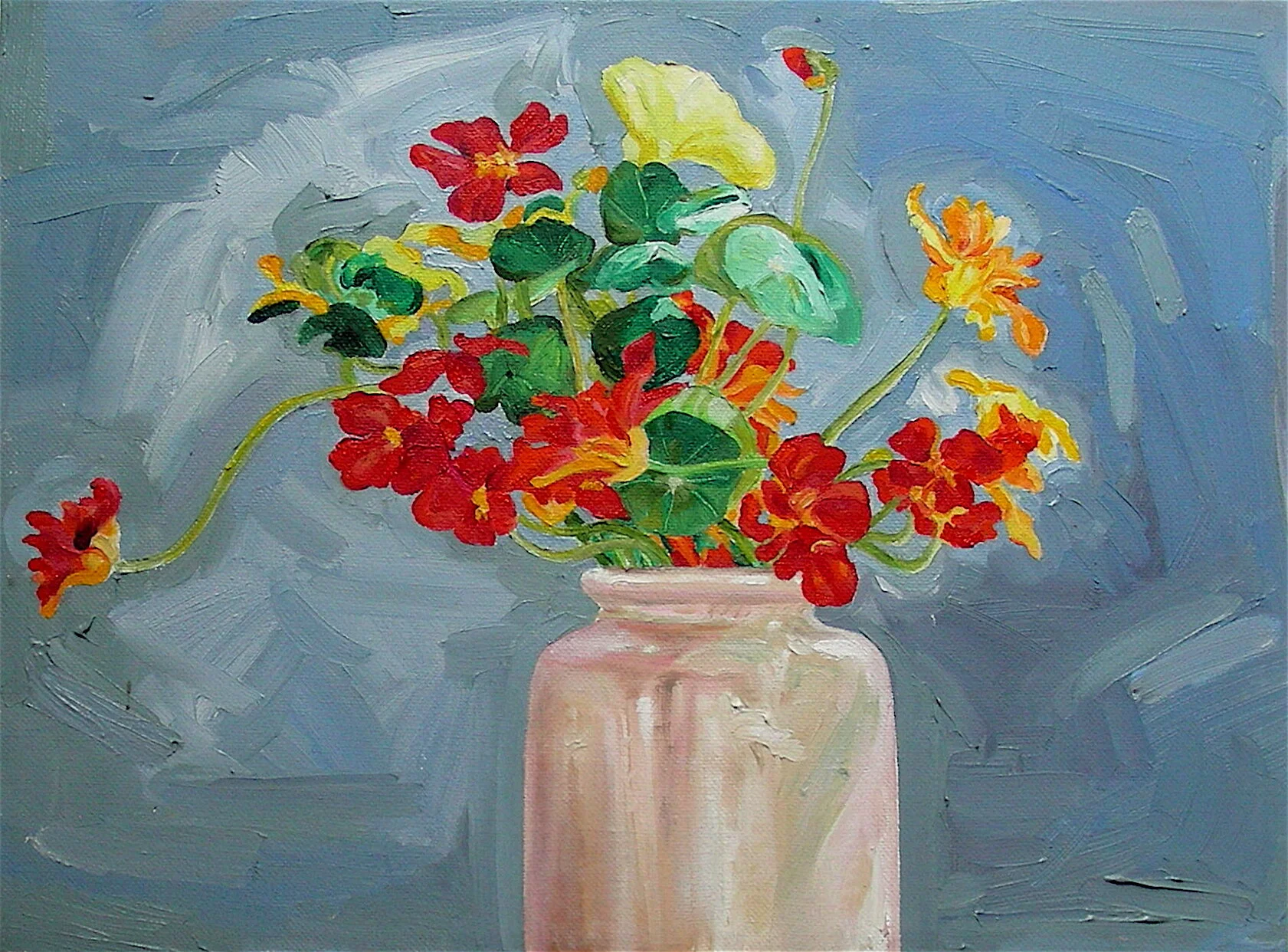 Nasturtiums in French Jar, 1995,  gouache and colored pencil on Arches paper, 8" x 6"