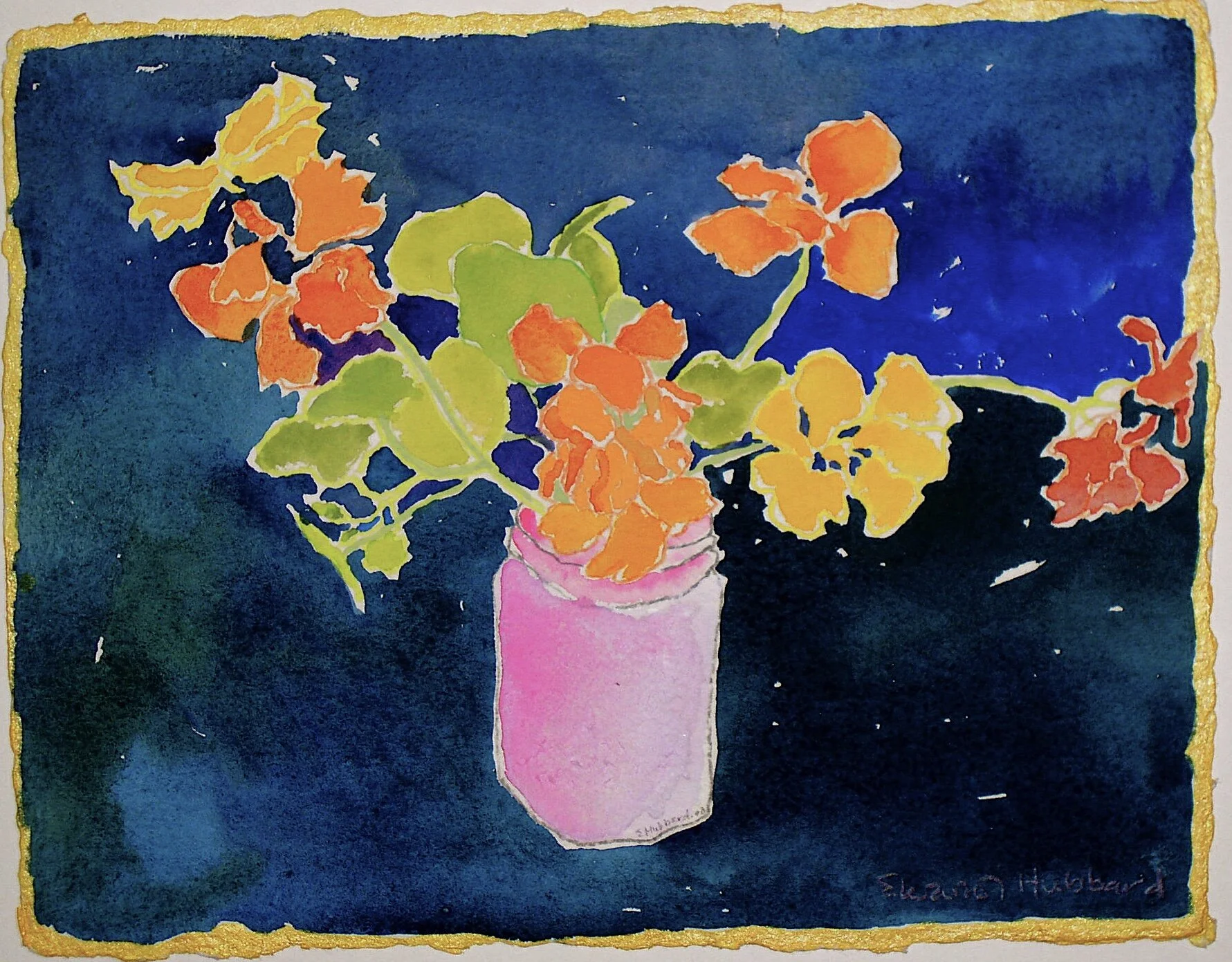 Nasturtiums in a Swedish Jar, 1995, gouache, watercolor, and colored pencil on Arches paper, 8.5" x 14"