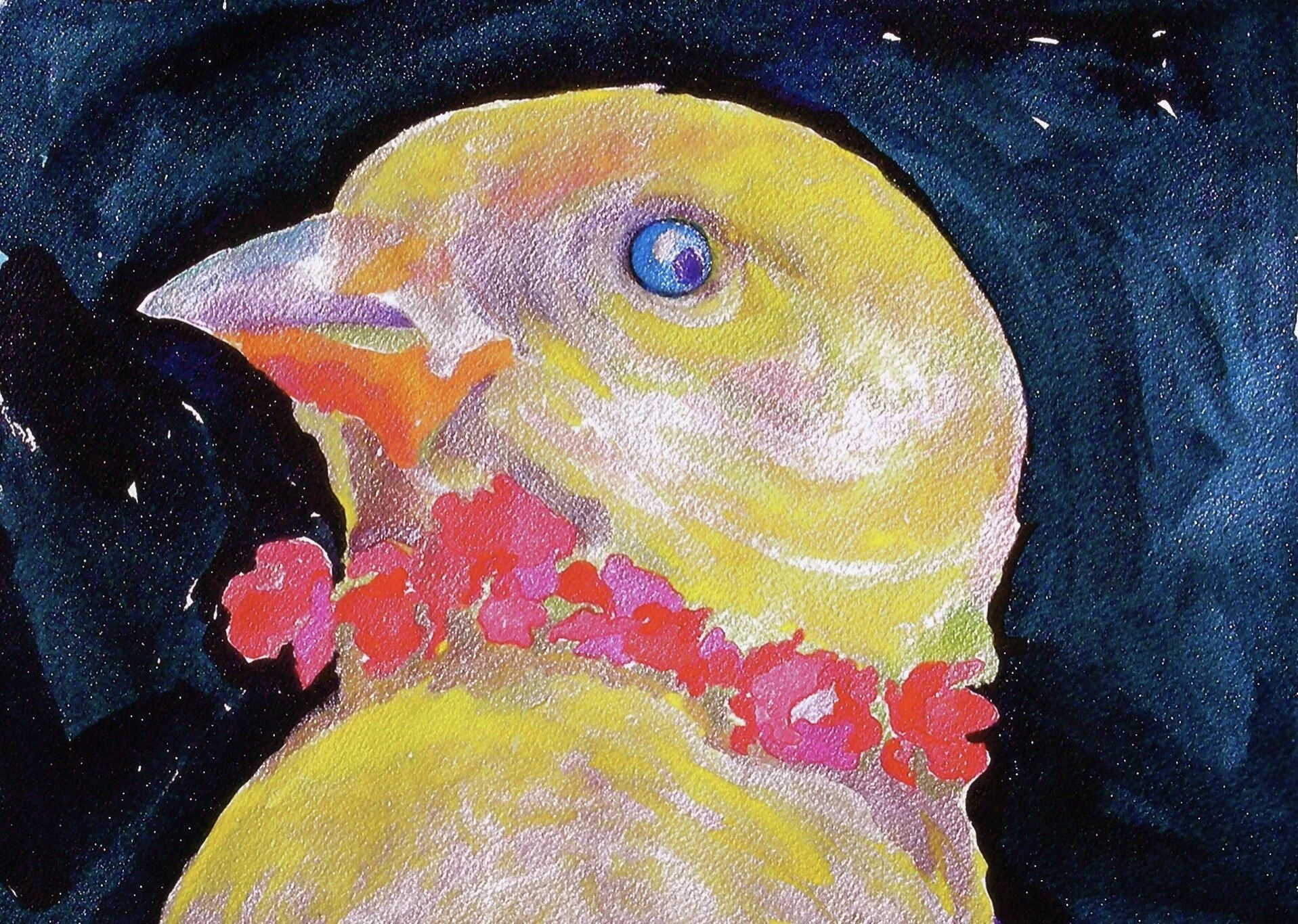 Lucky, A Canary, 2008, watercolor, colored pencil and gouache on Arches paper, 10” x 14”