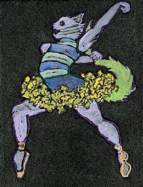 Cat Ballet: Asta, 2007, cray pas and metalicized watercolor on Mei-Teintes paper, 11” x 7”