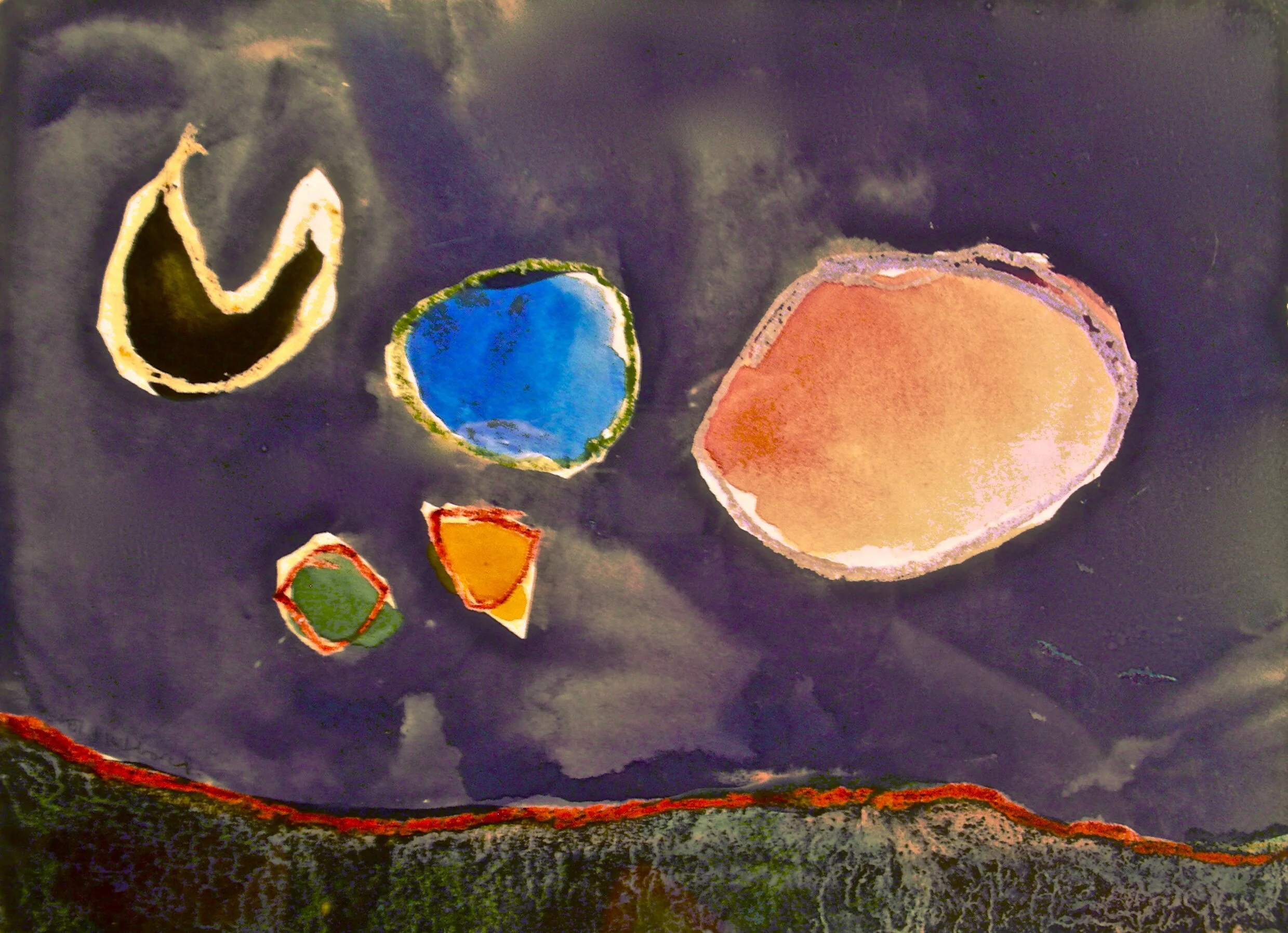 Five Moons, 1973, watercolor and cray pas on Arches paper, 8” x 11”