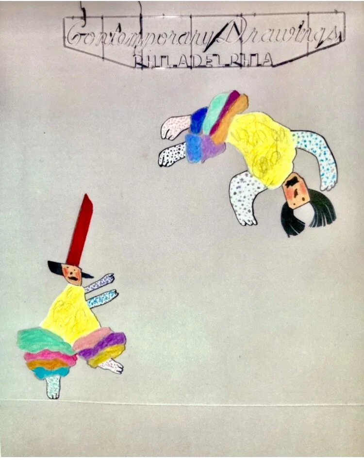 Tumblers, Contemporary Drawings, Philadelphia Museum of Art, 1979, mixed media cutout figures attached to tightrope, 20’x 14’
