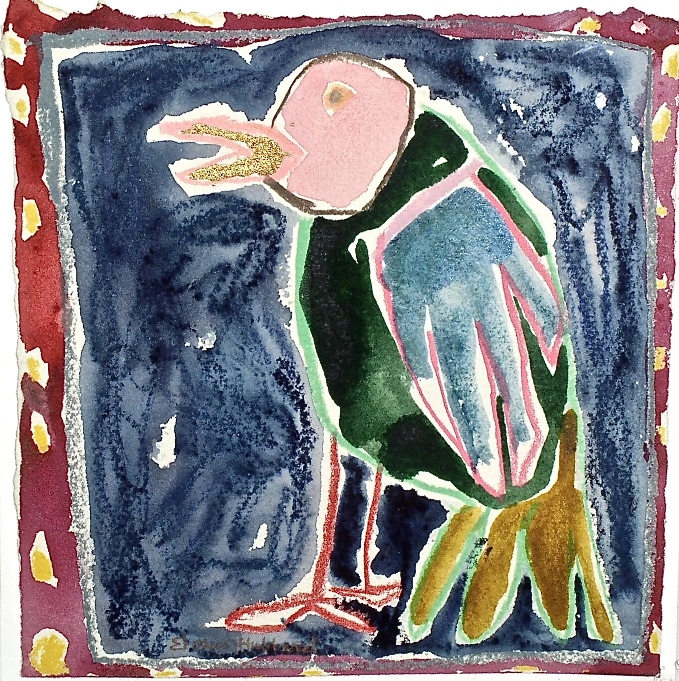 Green-breasted Gold Beak, 1975, craypas, colored pencil and gouache on Arches paper, 6.5” x 6”