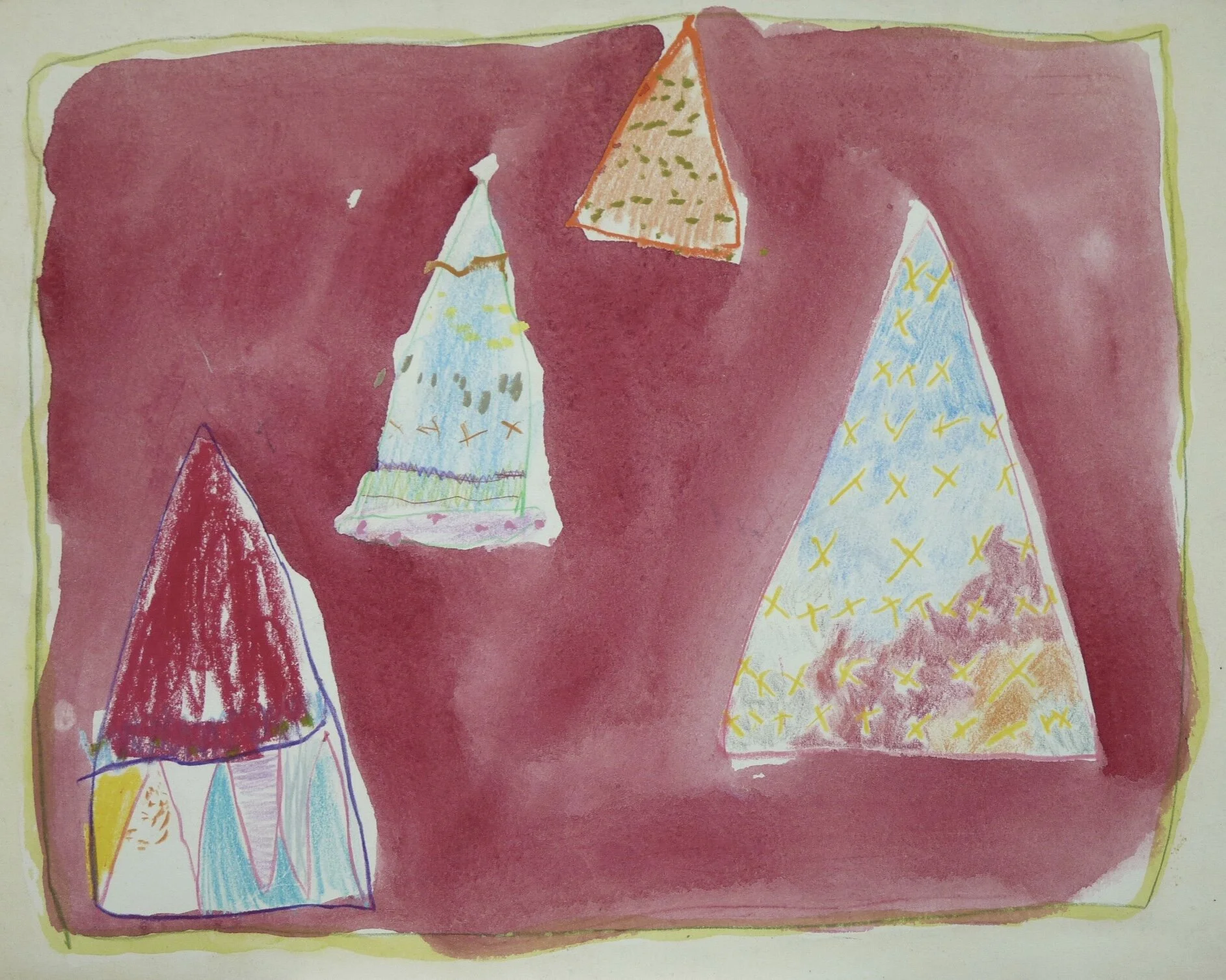 Singing in Tents, 1973, watercolor, crayon, and colored pencil on BFK Rives paper, 11” x 16.5”