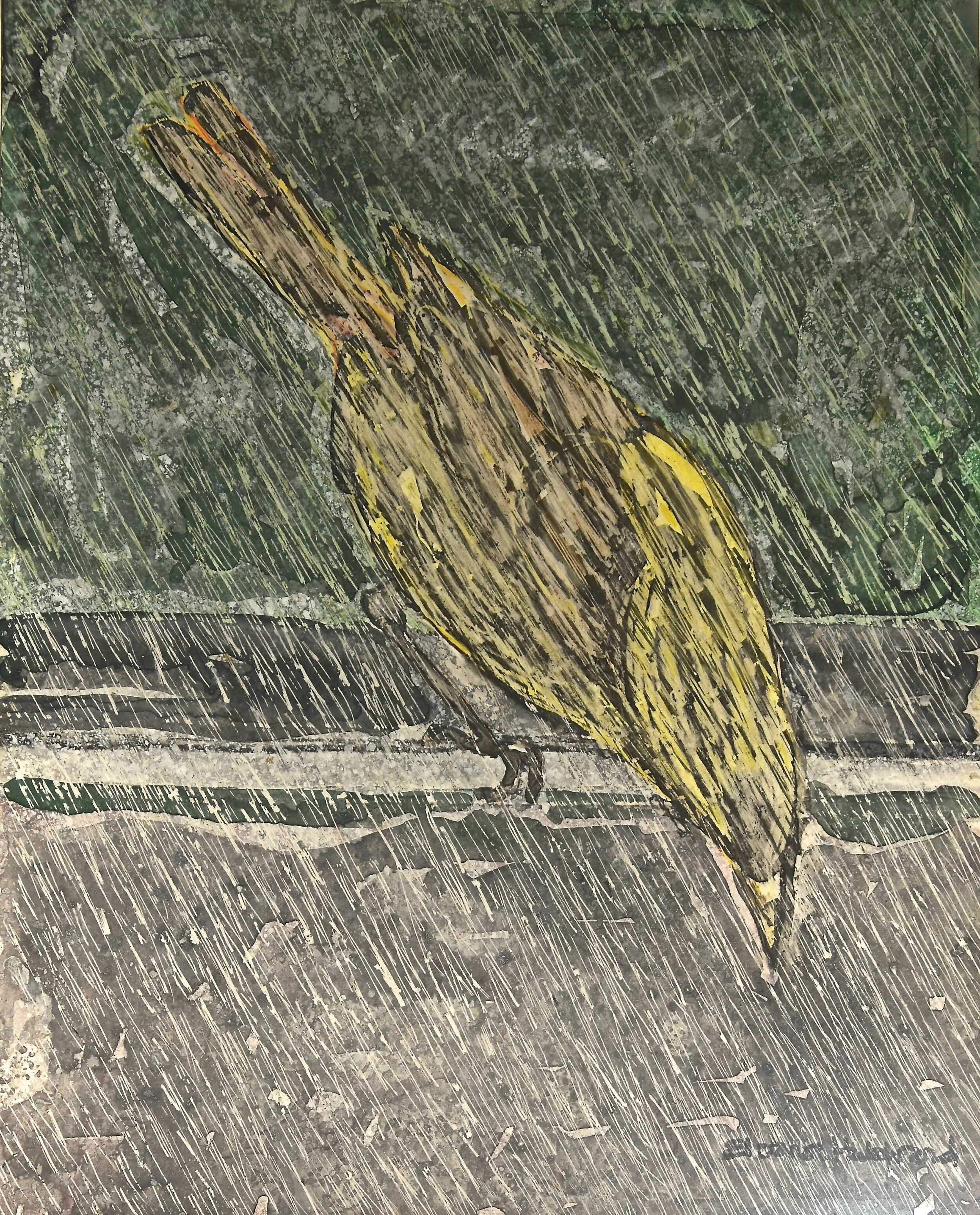 Doubly Wet Yellow Warbler, 2011, watercolor and colored pencil on Yupo paper, 14” x 11”