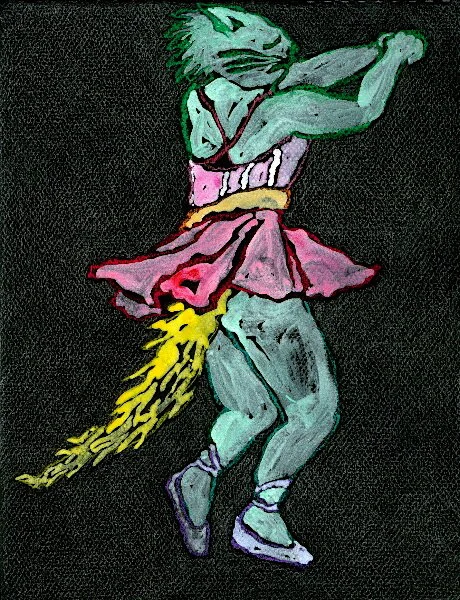 Cat Ballet: Elspeth, 2007, cray pas and metalicized watercolor on Mei-Teintes paper, 11” x 7”