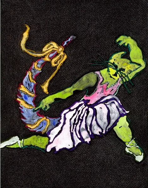 Cat Ballet: Alessandra, 2007, cray pas and metalicized watercolor on Mei-Teintes paper, 11” x 7”