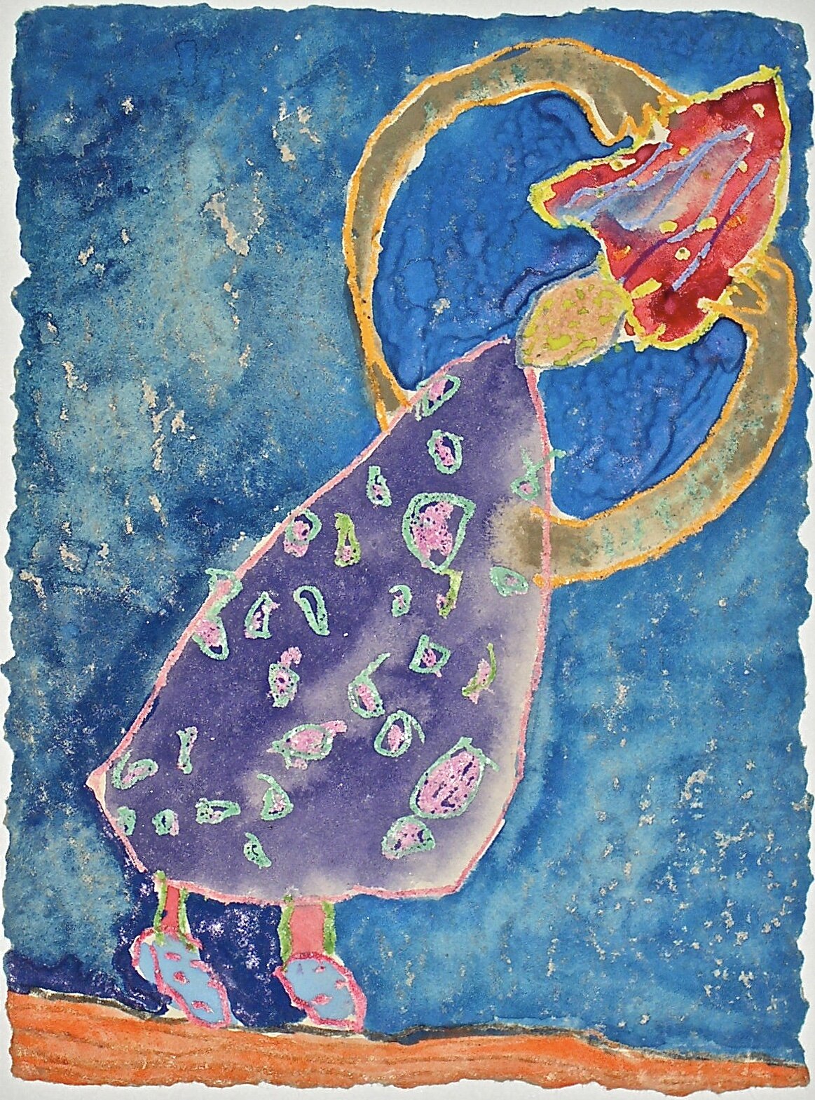 Lady With Skate, 1970, gouache and crayon on Morilla paper, 11” x 7”