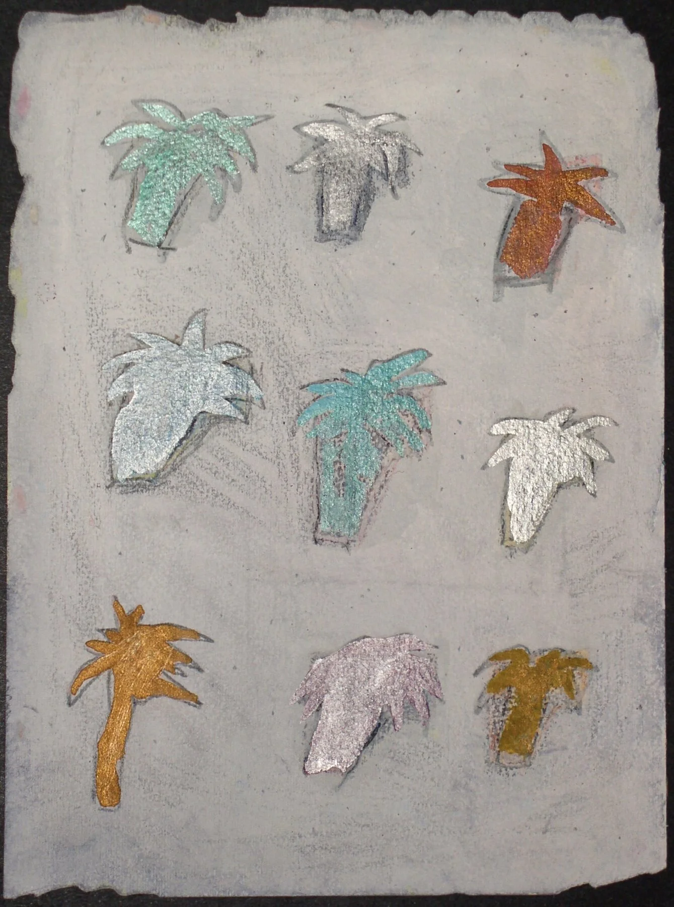 High Season for Palms, 1995, gouache, metallic powder, and colored pencil on handmade paper, 14" x 9"