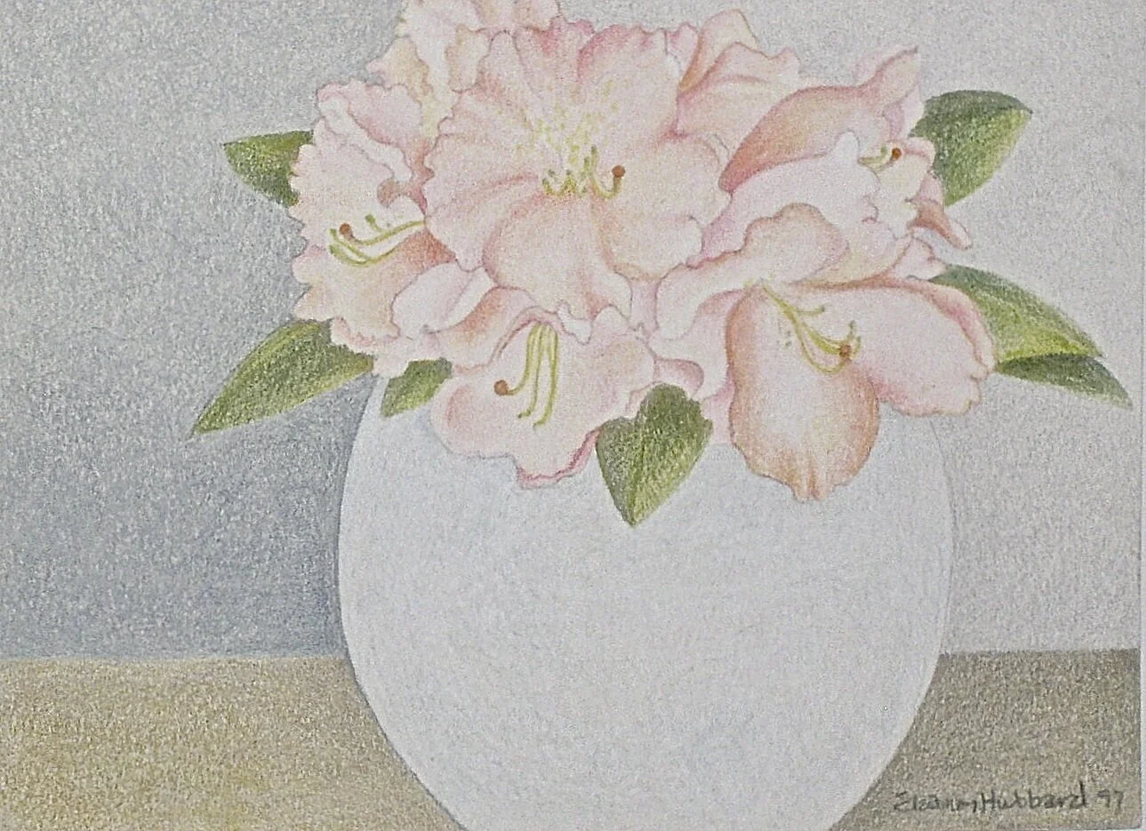 Rhodies in a Danish Bowl, 1997, colored pencil and watercolor on Arches paper,  8” x 7.5"