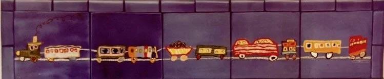 Train of Speeding Prudes, private residence, Pennsylvania, 1985, ceramic tile installation, 14” x 70”