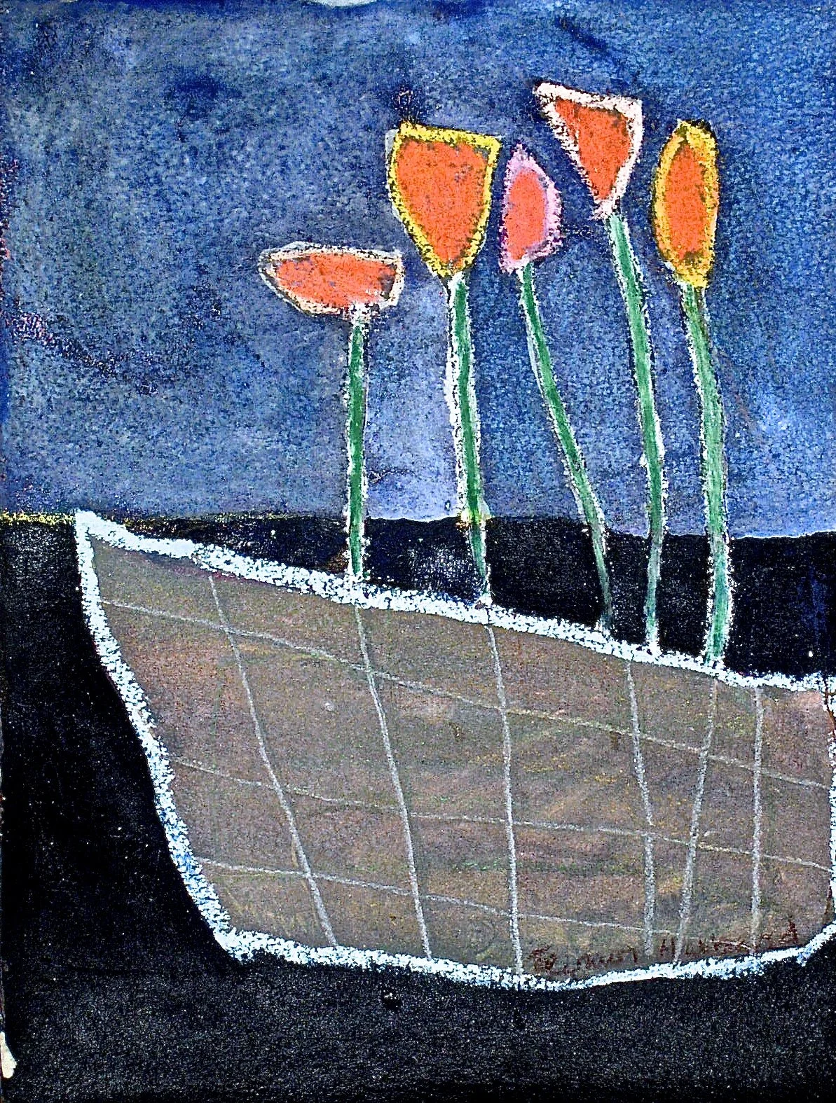 Tulip Boat, 2008, craypas on Arches paper, 10” x 7”