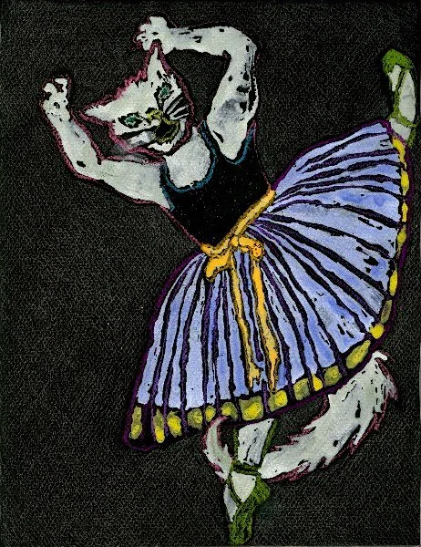 Cat Ballet : Lucinda, 2007, cray pas and metalicized watercolor on Mei-Teintes paper, 11” x 7”