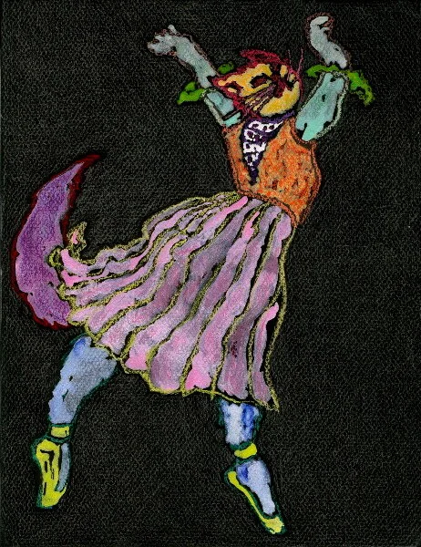Cat Ballet : Astrid, 2007, cray pas and metalicized watercolor on Mei-Teintes paper, 11” x 7”