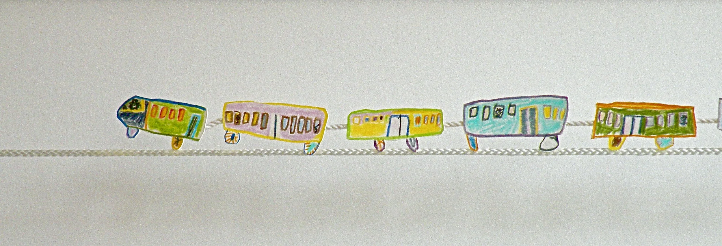 Subway Cars, private residence, New York, 1977, watercolor and colored pencil cutouts attached to tightrope, .75” x 22” 
