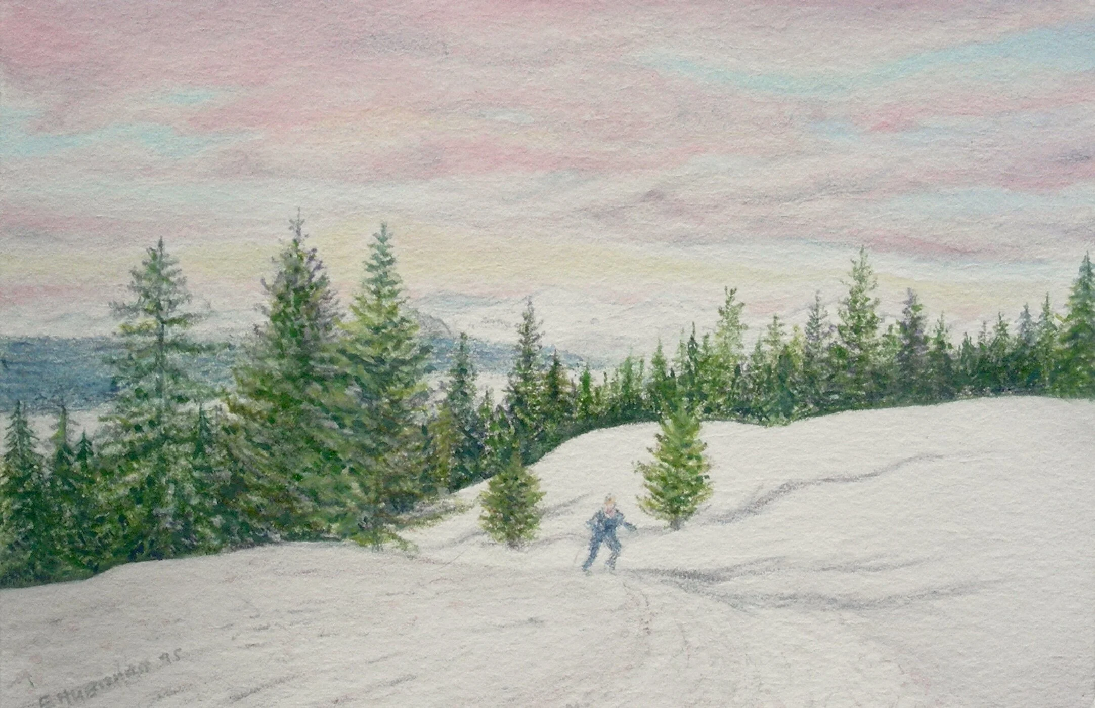 April Skier, 1995, watercolor and gouache on museum board, 6” x 5”