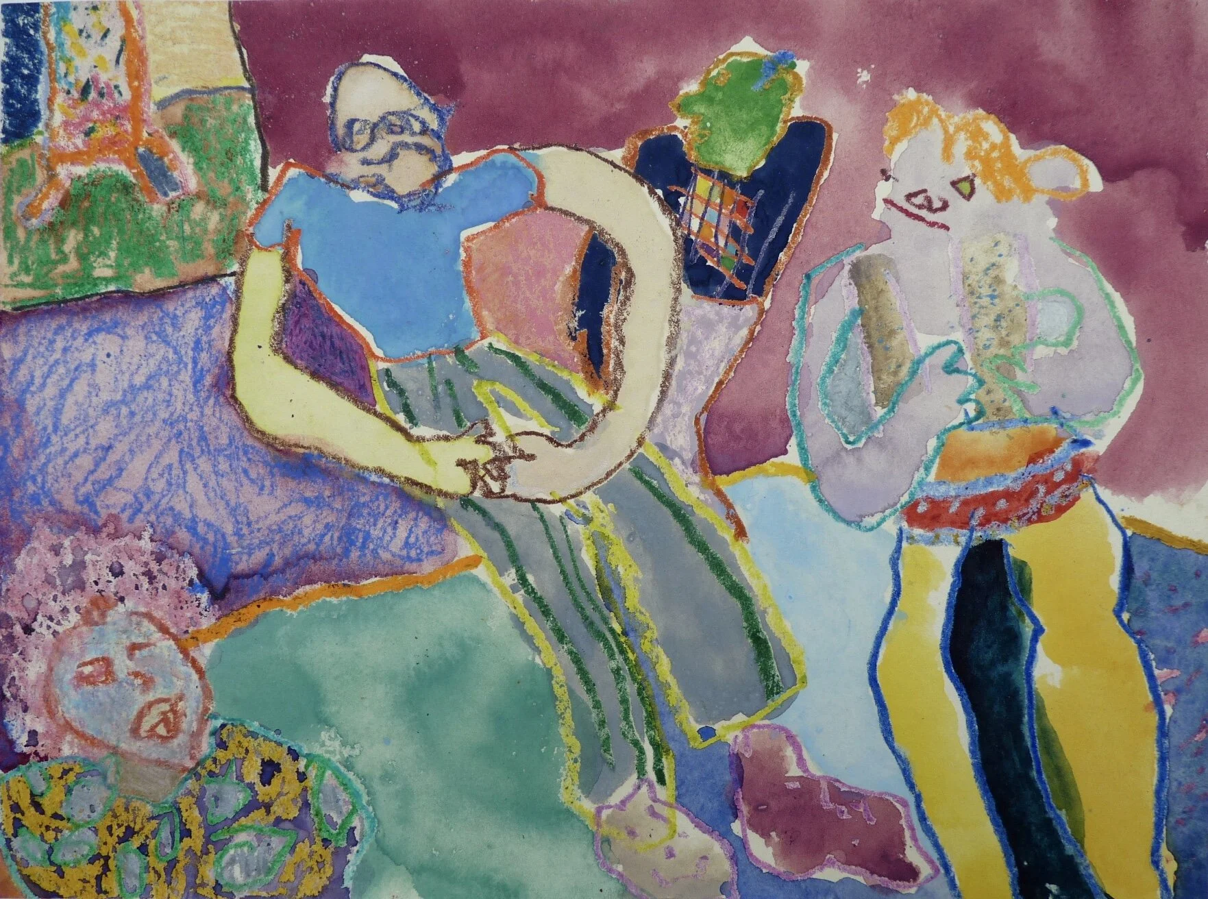 Teresa, Hank, Robert and the Red-haired Girl, 1970, gouache and crayon on paper, 7” x 10’’