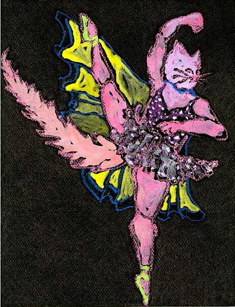 Cat Ballet : Ilsa, 2007, cray pas and metalicized watercolor on Mei-Teintes paper, 11” x 7”