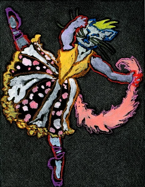Cat Ballet: Isabelle, 2007, cray pas and metalicized watercolor on Mei-Teintes paper, 11” x 7”