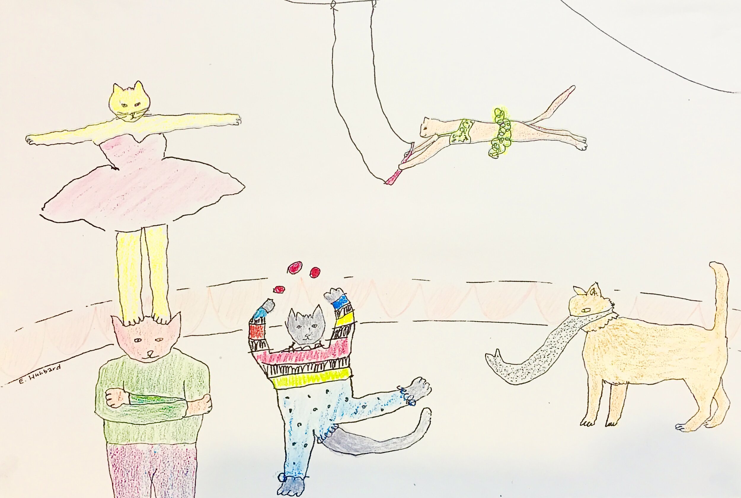 Rehearsal for the Cat Circus, 1973, colored pencil on Fabriano paper, 8” x 10.5”