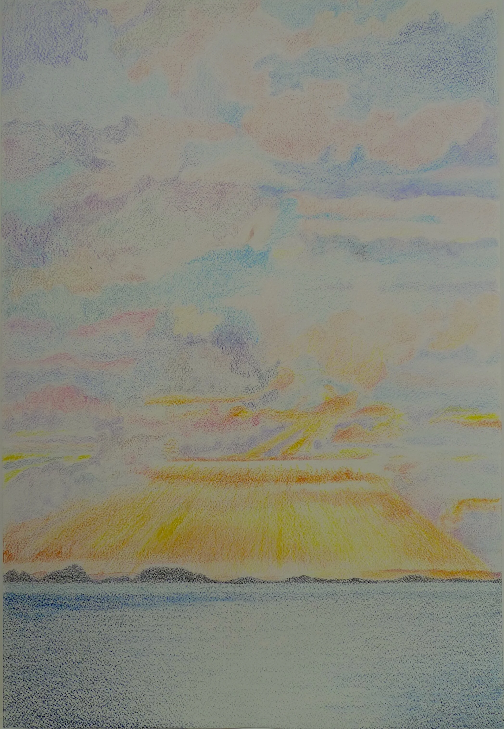 Rising, Setting, and Raining, 2004, watercolor and colored pencil on Arches paper, 19” x 13”