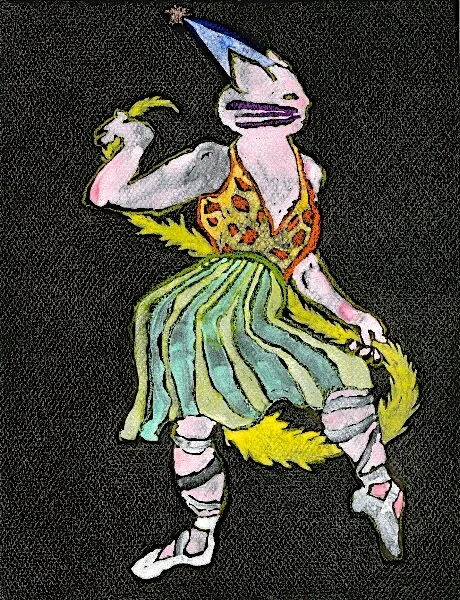 Cat Ballet: Jasmine, 2007, cray pas and metalicized watercolor on Mei-Teintes paper, 11” x 7”