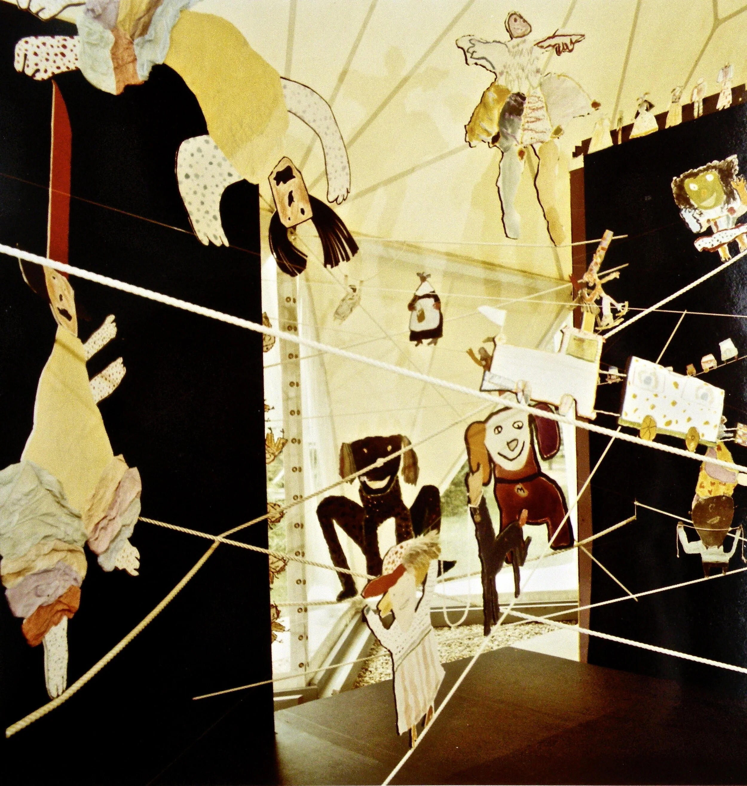Transatlantic Tightropes, America Now, 1980, Budapest, Hungary, mixed media cut out figures on tightropes installed in geodesic dome, 15’ x 12’ x 8’