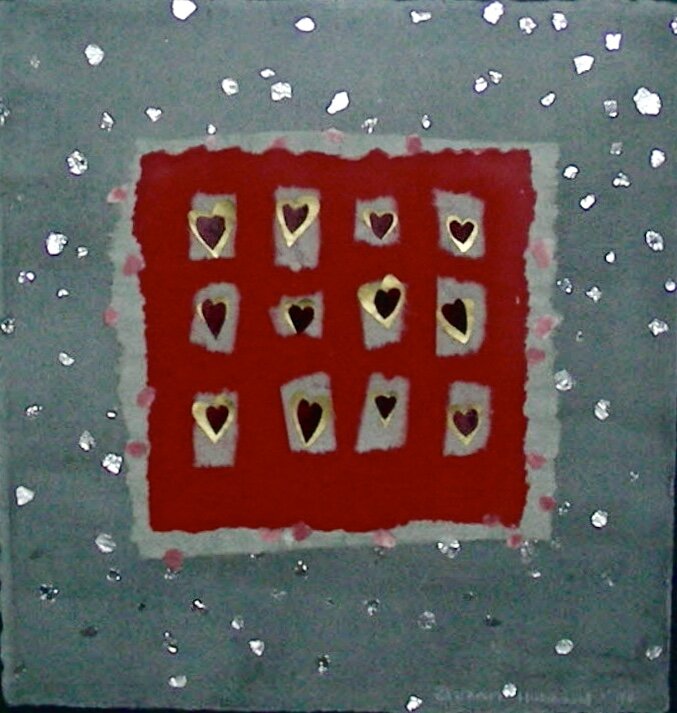 Out of the Box, 1990, gouache with collage elements on BFK Rives paper, 9" x 9"