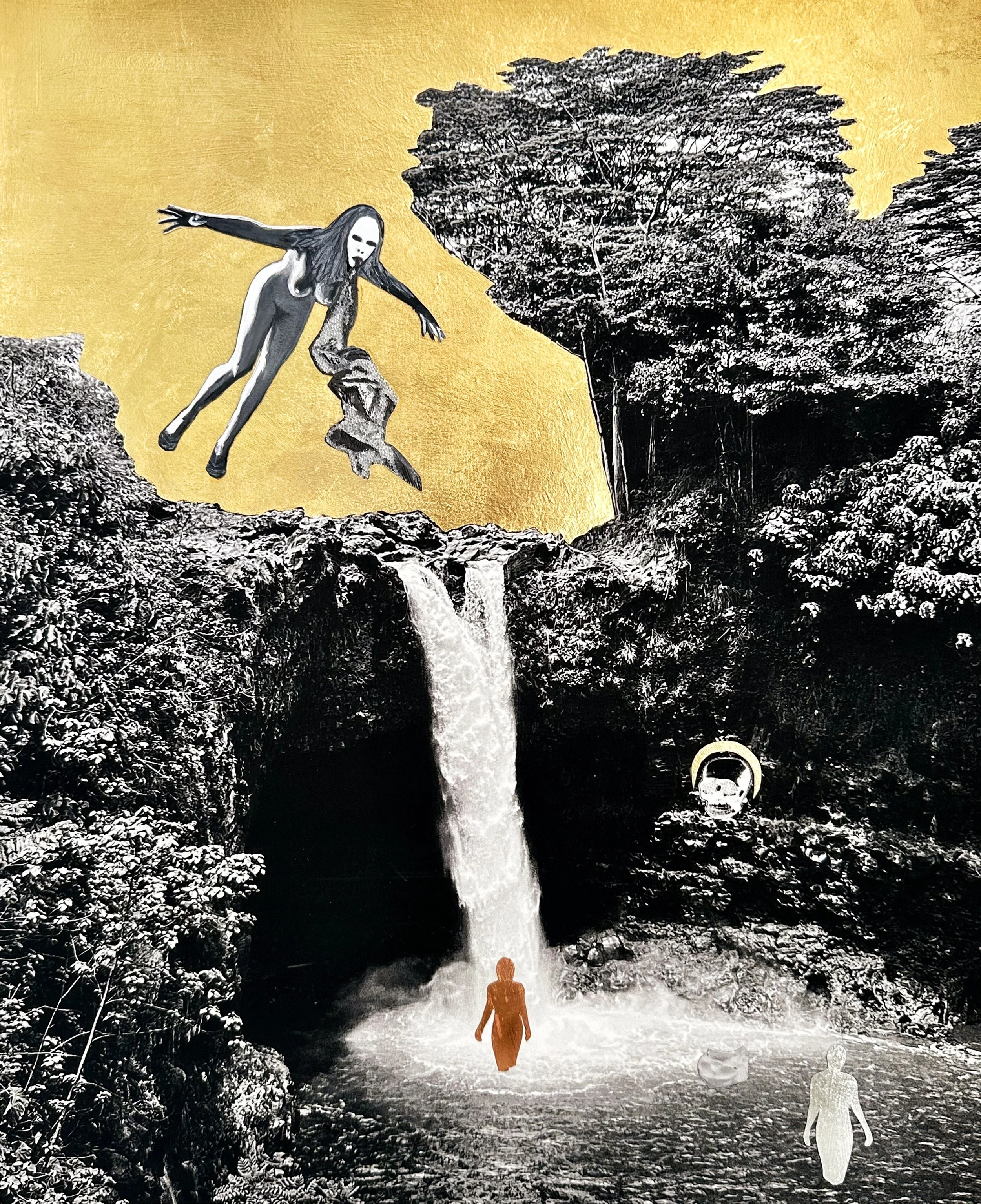 Aurum Cascade (Skull 2), 2024, 20 x 16 inches, archival pigment print, 24 karat gold leaf, watercolor, pencil, Canson Photo rag paper.